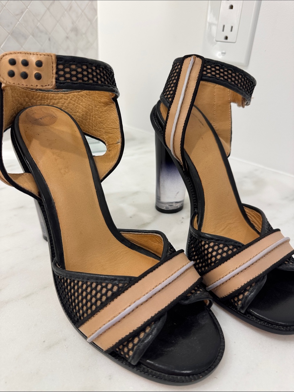 LAMB Carter Women’s Black and Tan Strappy Mesh Lucite High Heel Sandals